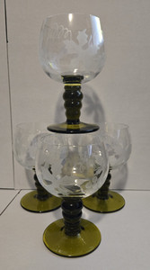 Rhein Roemer Crystal Etched Wine Glass Set of 4 Grapes Leaves Green Stem 6 oz