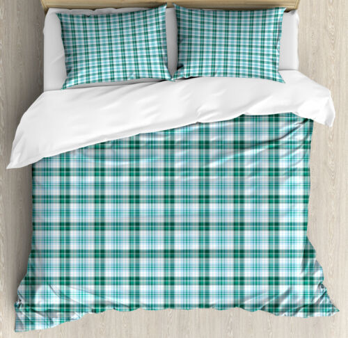 Turquoise Duvet Cover Set with Pillow Shams Checkered Tartan Print
