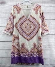 J. Crew Bazaar 100 Linen Boho Tunic Mini Shirt Dress Sz 2 Geometric Print Lila