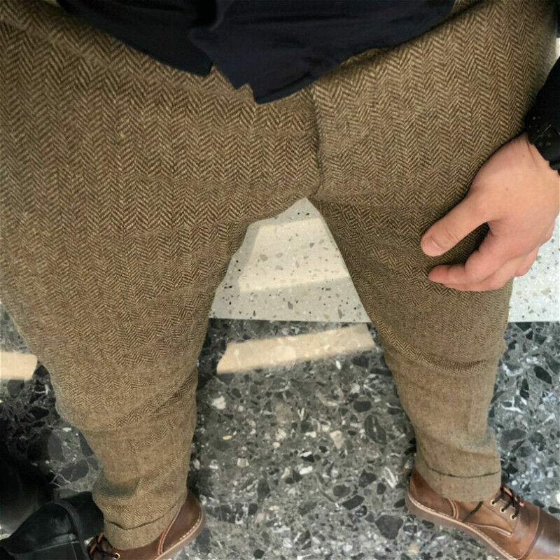 Mens Casual Herringbone Wool Blend Straight Pants British Retro Trousers Evening