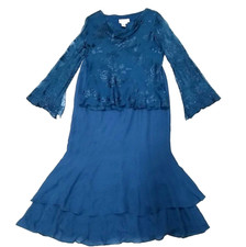 Papell Boutique Evening Silk 2 PC Beaded Top Maxi Fit Flare Skirt Women 12 Blue