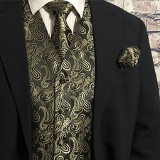 Gold / Black Men Paisley Tuxedo Suit Dress Vest Waistcoat  Neck tie Hanky Set