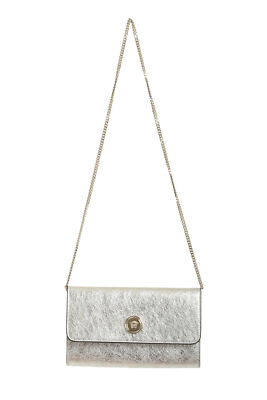 Versace Women's Silver Textured Leather Metal Chain Strap Shoulder Bag