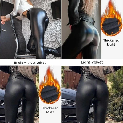 Damen Warm Thermo Leggins Leder Optik Leggings Hohe Taille Glänzend/Matt Schwarz - Bild 1 von 4