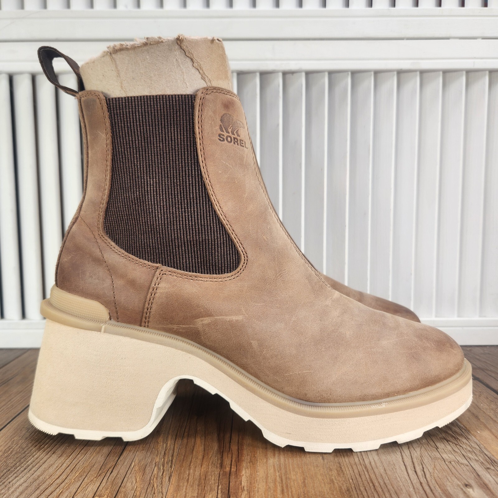 SAOLA Stivali Chelsea Sorel tacco alto donna taglia 10 pelle marrone suola a strappo caviglia boho