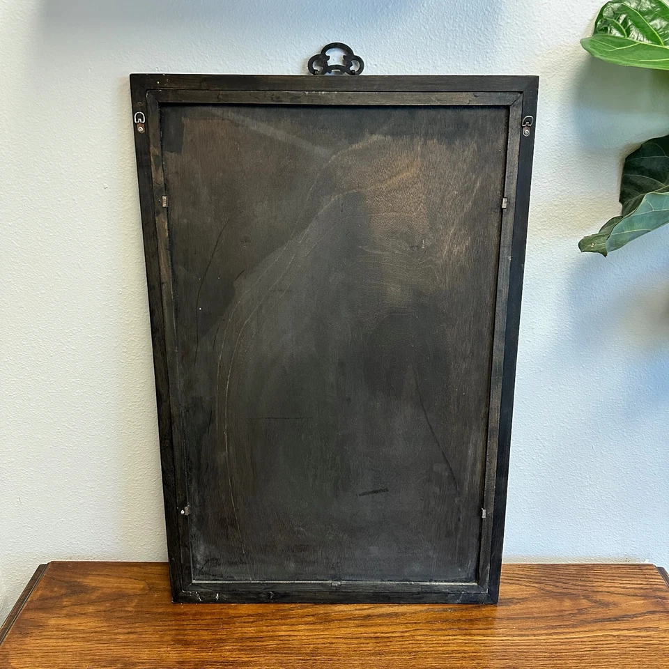 Antigua pintura de arte en vidrio reverso grande de la dinastía Qing china enmarcada en madera 34x22" Foto 4 de 4