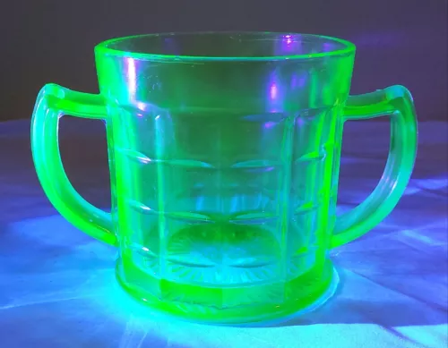 Vintage Hazel Atlas 12 oz Colonial Block Green Uranium Glass Open Sugar Bowl Jar