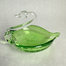 Vintage Duncan Miller? Swan Green & Clear Glass Candy Nut Dish 4”