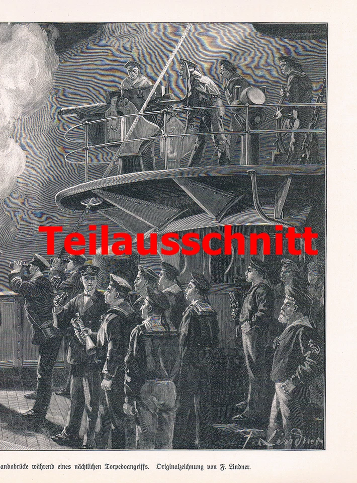 063 F. Lindner Seegefecht Torpedoangriff Kriegsschiff Großbild 38x27 cm 1900 - Bild 2 von 4
