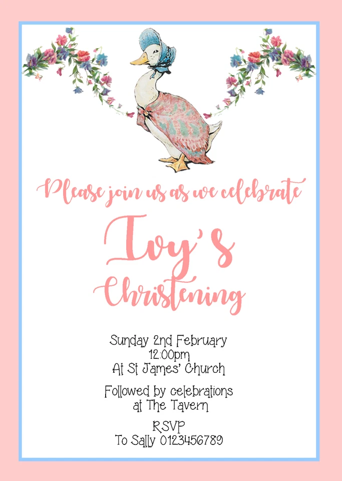 Beatrix Potter, Jemima Puddle Duck Birthday/Christening Invitations