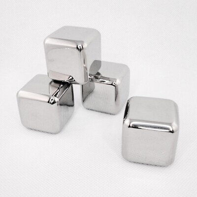 4 LARGE Stainless Steel Reusable Ice Cubes Stones Rocks Set Whiskey ...