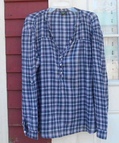 Eddie Bauer Blue Plaid Long Roll Tab Sleeved Henley V Neck Blouse Size XL (50")
