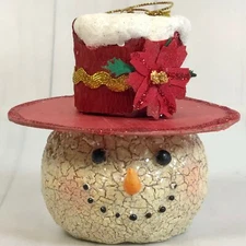Christmas Tree Ornament Snowman Head Red Top Hat Poinsett Crackle Glitter KSA 2