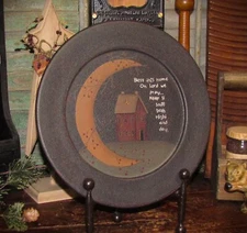 Primitive Saltbox House Moon Star Wooden Plate Country Folk Art Barbara Lloyd