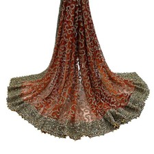 Indian Vintage Heavy Orange Dupatta Hand Embroidered Net  Tissue Mesh Zardozi