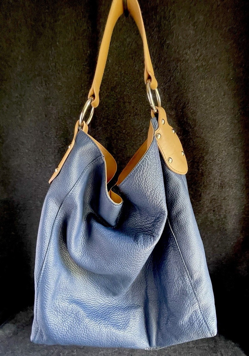 Large Leather Shopping Tote Navy Tan Bohemian Casual Classic