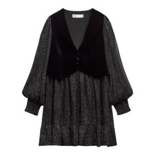 ✨ ZARA Black Glitter Mini Dress with Velvet Vest Overlay – Size L | New No Tags