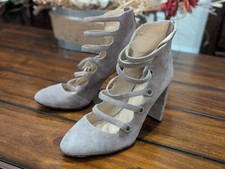 Vince Camuto Davel Stone Taupe Suede Strappy Block Heel Pump Zip Size 8M 38