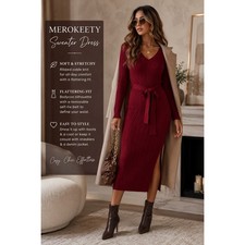 MEROKEETY Women's Small Burgundy Cable Knit Bodycon Midi Sweater Dress Belted