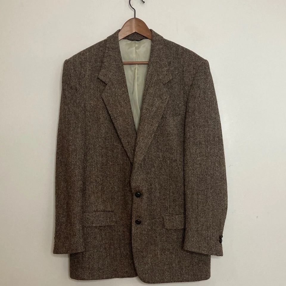 Vintage Harris Tweed Sport Coat Mens 44L Brown Wool Herringbone Made in Canada Foto 2 de 4