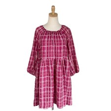 Madewell Plaid Shirred Babydoll Mini Dress 3/4 Sleeve Azalea Plaid Sz M