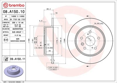 2x BREMBO 08.A150.11 Bremsscheiben Hinten für TOYOTA Highlander I (XU20)