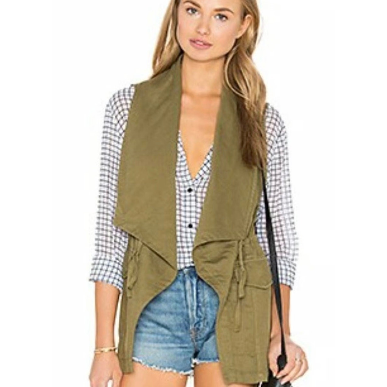 NWT Linen Cotton Sanctuary Sleeveless Army Green Drawstring Vest with Pockets