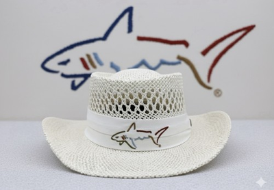 #ad Greg Norman Signature White Straw Hat w White Embroidered Shark Logo Band $37.99