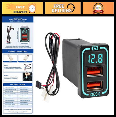 18W Dual USB Car Charger for Toyota - QC3.0 Cigarette Lighter Socket with Voltme