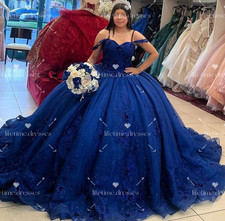 Navy Blue Quinceanera Dresses Sweet 15 16 Party Glitter Floral Ball Gowns