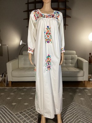 Vintage Mexican Oaxacan Hand Embroidered White Maxi Dress Hippie Boho | eBay