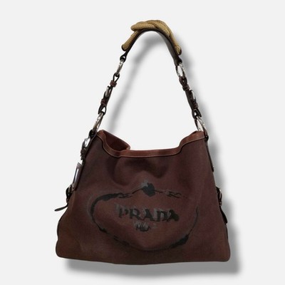 Prada Women Brown Jacquard Canvas Leather Messenger Shoulder Purse Bag