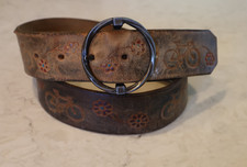 Distressed Bicycle Embossed Flowers Brown LEATHER BELT 33/MED Unisex 1381
