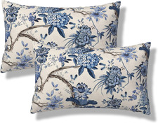 Blue Floral Lumbar Pillow Covers 12X20 Set of 2 Chinoiserie Decorative Throw