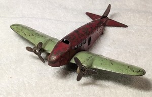 Vintage Antique Wyandotte Red Green Pressed Steel Metal Airplane Rough Condition