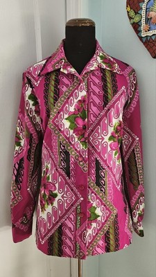 Vintage PYKETTES Psychedelic Mod poly Blouse Shirt Long Sleeve Dagger Collar M/L
