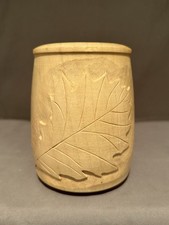 HandCarved Wooden Vase W/ Leaf Design Carved Into Vase Folk Art Signed By Artist
