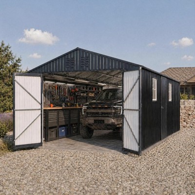 12x20 FT Steel Storage Shed Outdoor Large Metal Garden Tool Shed with Windows