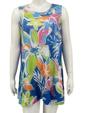 Jess & Jane Top Womens XL Blue Floral Sleeveless Tunic Tropical Beach Summer USA