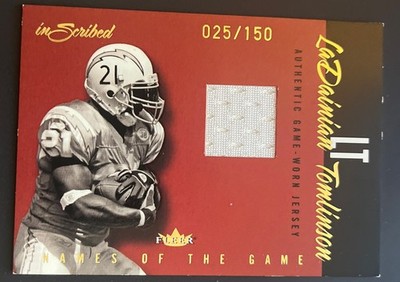 LADAINIAN TOMLINSON 2004 FLEER SP INSCRIBED GAME WORN JERSEY PATCH RED /150