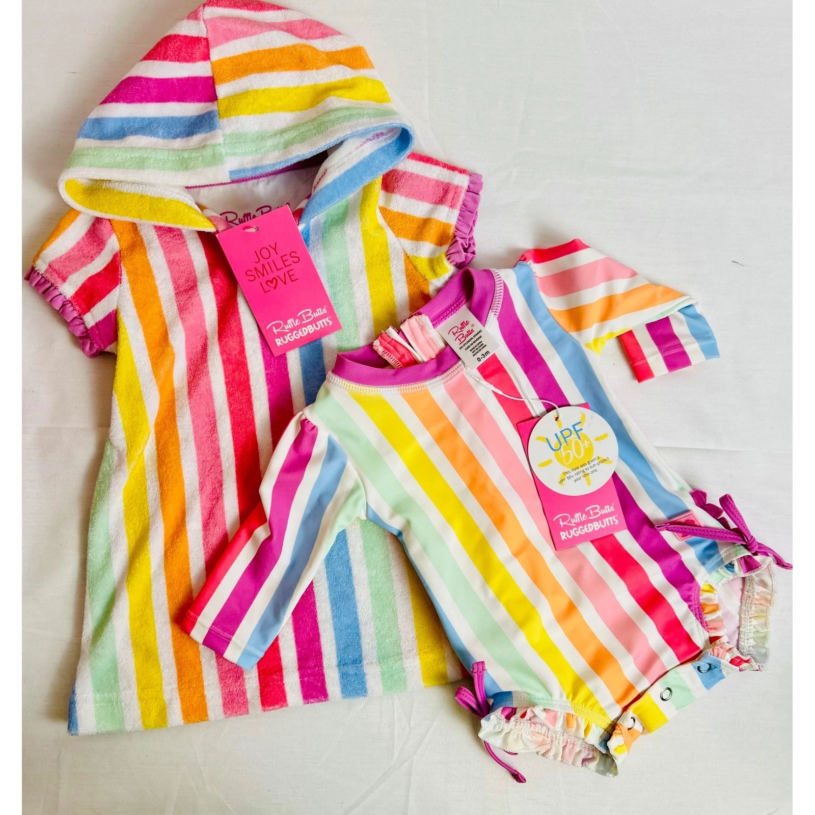 RuffleButts Baby Girl Rainbow Stripe Rash Guard Swimsuit and Hooded Cover Up Set