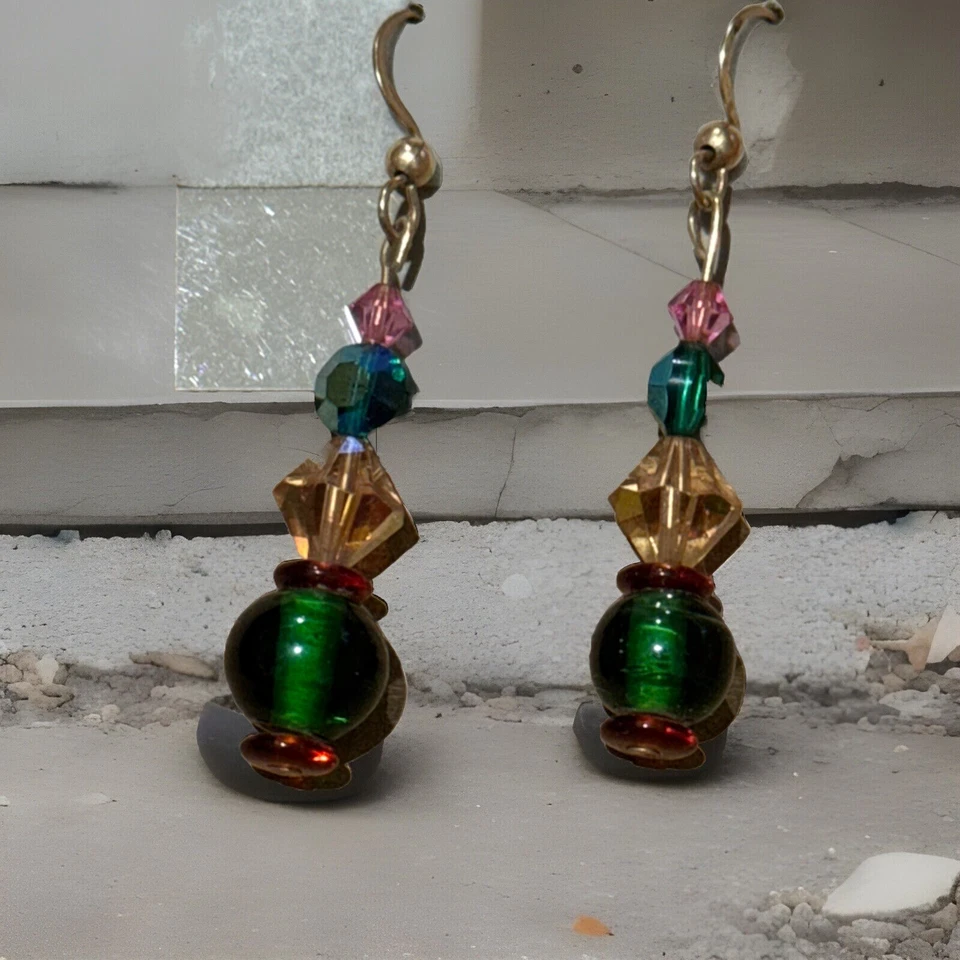 Pendientes de Cristal Artesanales Rosa Verde Amarillo Rojo Oro Tonificado Gancho Gota Foto 2 de 4