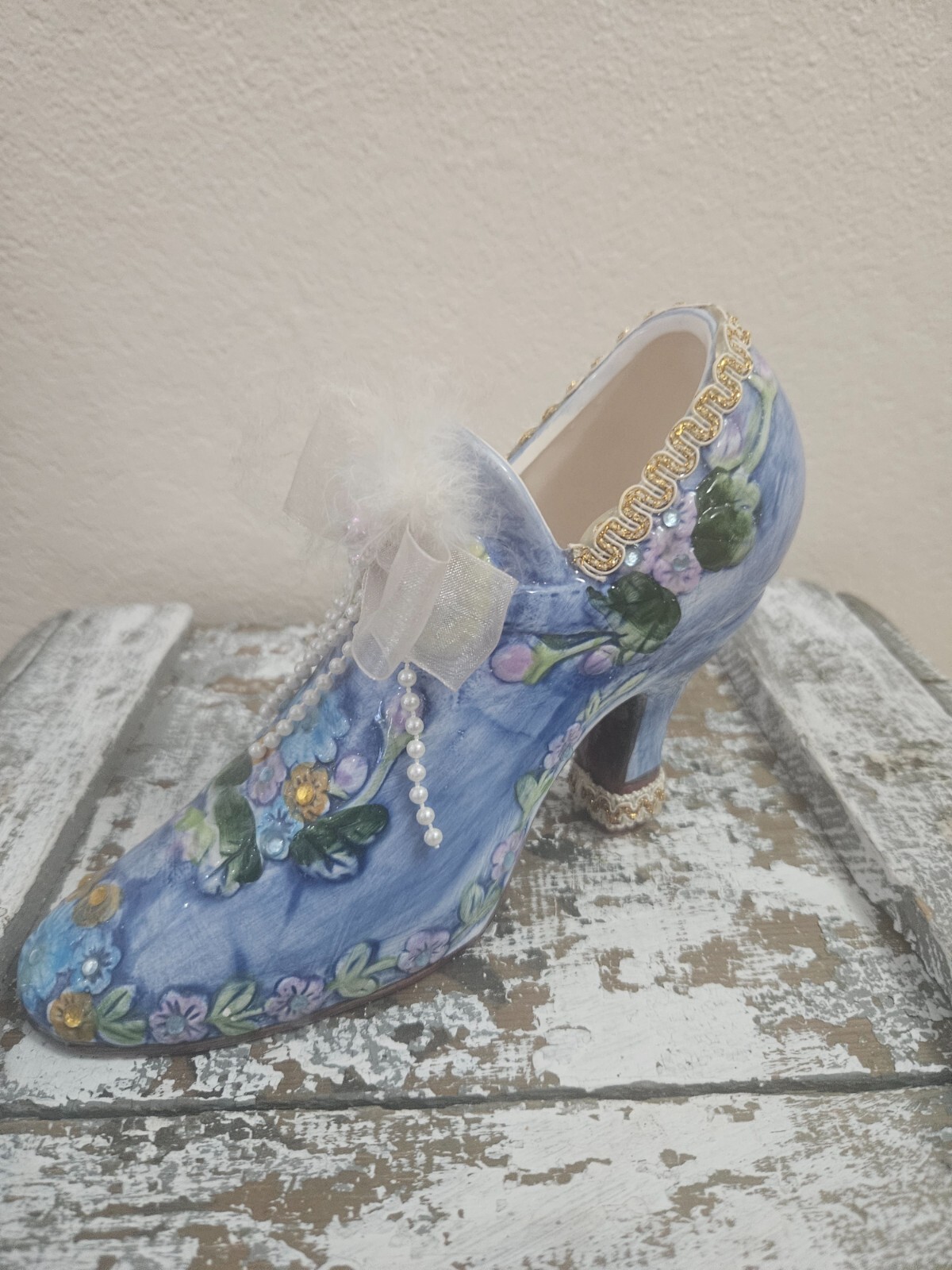 Porcelain Victorian Blue Shoe Vase Planter Floral Pattern Lace Faux Rhinestone
