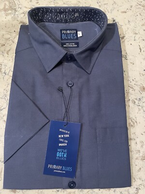Primary Blues Men s Short Sleeve Collared  Shara  Shirt SLIM FIT LARGE NWT