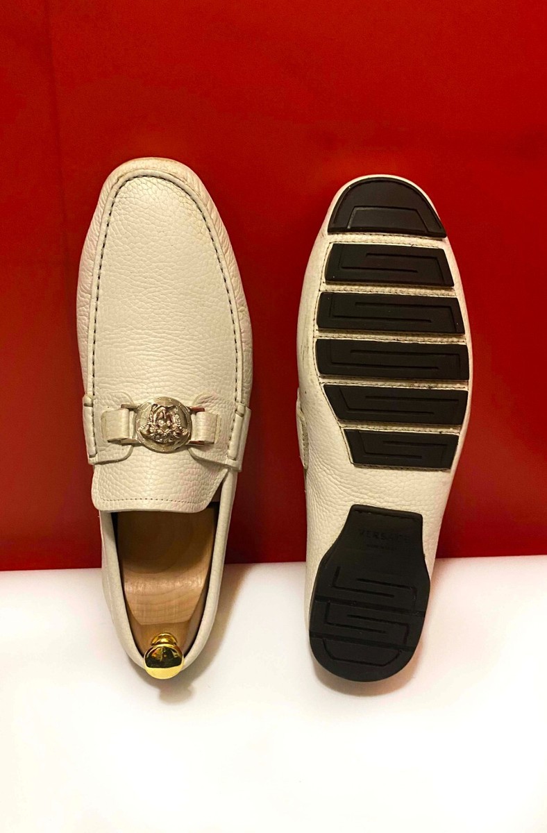 靴 GIANNI VERSACE leather shoes loafer 43 $849.00 !! VERSACE MEN ICONIC WHITE PEBBLED LEATHER LOAFERS