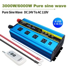 3000W 6000W Pure Sine Wave Power Inverter 24V to 120V Converter With 4USB Remote
