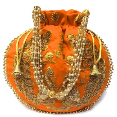Handmade Rare Peacock Embroid Women's Potli Bag Silk Fabric For Wedding Party