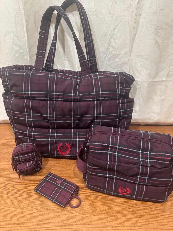 Victoria secret plaid tote bag, toiletry, credit card wallet, and change bag - Image 2 of 4