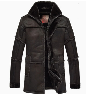 Winter Mens Mid-length Faux Leather Spliced ​​jacket Stand Collar