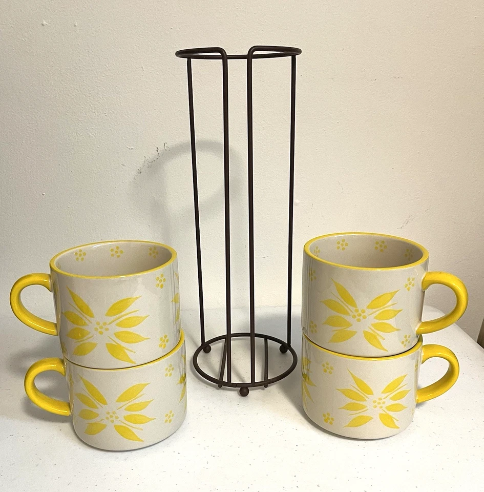 Temp-tations Old World Yellow 4 Coffee/Tea Mugs w/Wire Rack, Oven Safe, Retired - Image 4 of 4